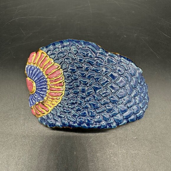 Vintage Hair Barrette Clip 1990s Diane Wilson Art Pottery Blue Feathers Scales - Picture 2 of 8